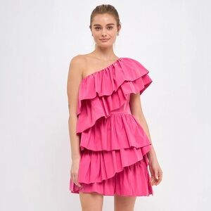NWT Endless Rose Hot Pink One Shoulder Ruffle Mini Dress